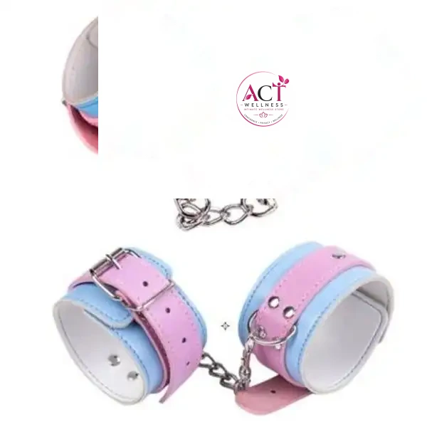 Bondage Restraints Blue & Pink PU Leather Hand Cuffs - Product Gallery View 2 | act wellness