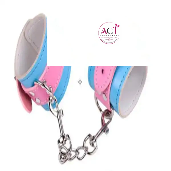 Bondage Restraints Blue & Pink PU Leather Hand Cuffs - Product Gallery View 3 | act wellness