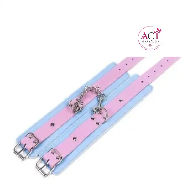 Bondage Restraints Blue & Pink PU Leather Hand Cuffs - Product Gallery View 4 | act wellness