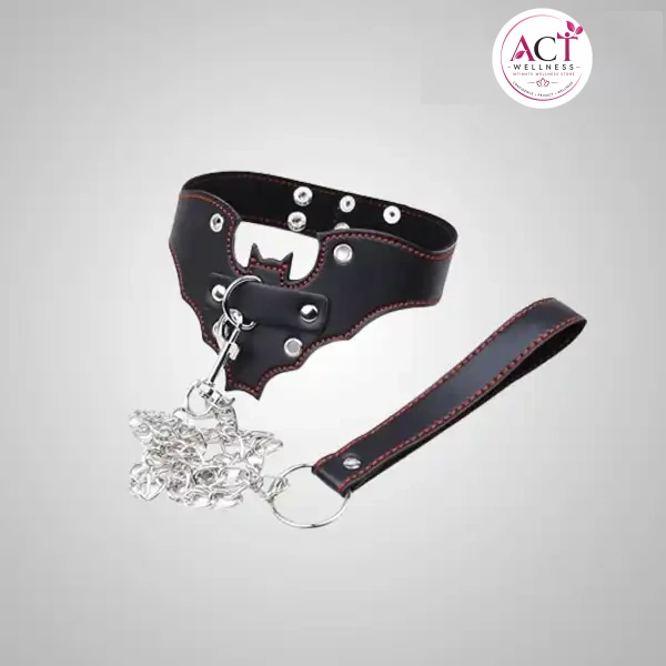 Genuine Leather Bat Shape Collar With Chain Leash - Buy Online in India | act wellness - view 1