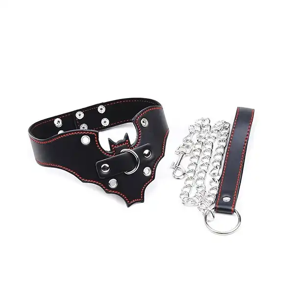 Genuine Leather Bat Shape Collar With Chain Leash - Product Gallery View 3 | act wellness