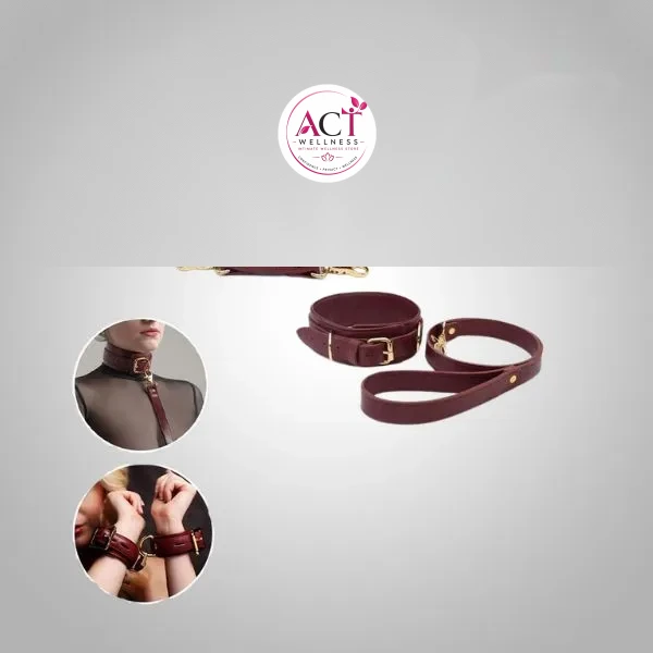 Burgundy Bondage Leather Restraint Set, Cuffs, and Collar - Buy Online in India | act wellness - view 1