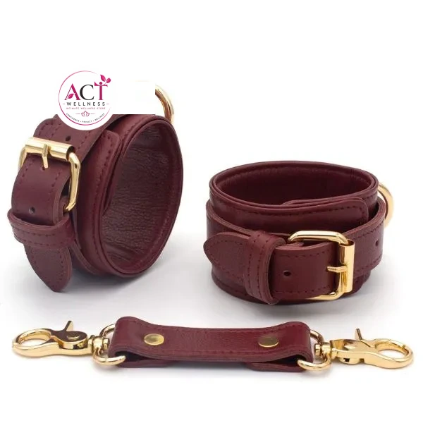 Burgundy Bondage Leather Restraint Set, Cuffs, and Collar - Product Gallery View 3 | act wellness