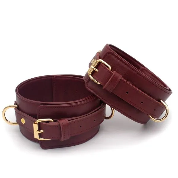 Burgundy Bondage Leather Restraint Set, Cuffs, and Collar - Product Gallery View 4 | act wellness