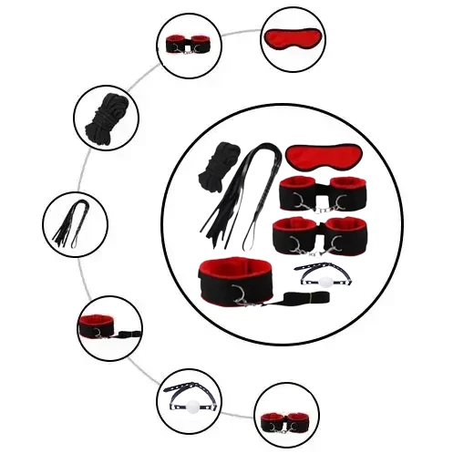 Red & Black 7 Pcs set BDSM Bondage Kit Handcuffs - Product Gallery View 2 | act wellness