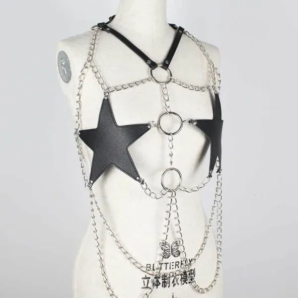 Sexy Star Faux Leather Body Harness Metal Chain Crop Top For Women - Product Gallery View 3 | act wellness