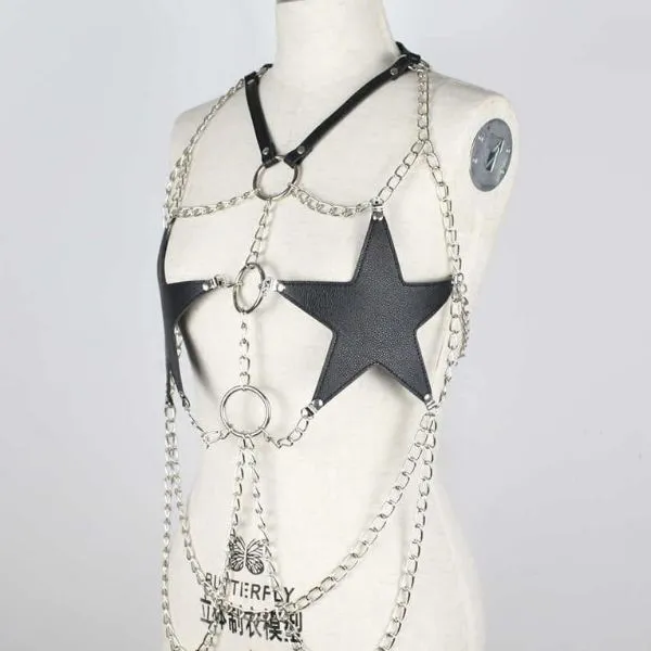 Sexy Star Faux Leather Body Harness Metal Chain Crop Top For Women - Product Gallery View 5 | act wellness