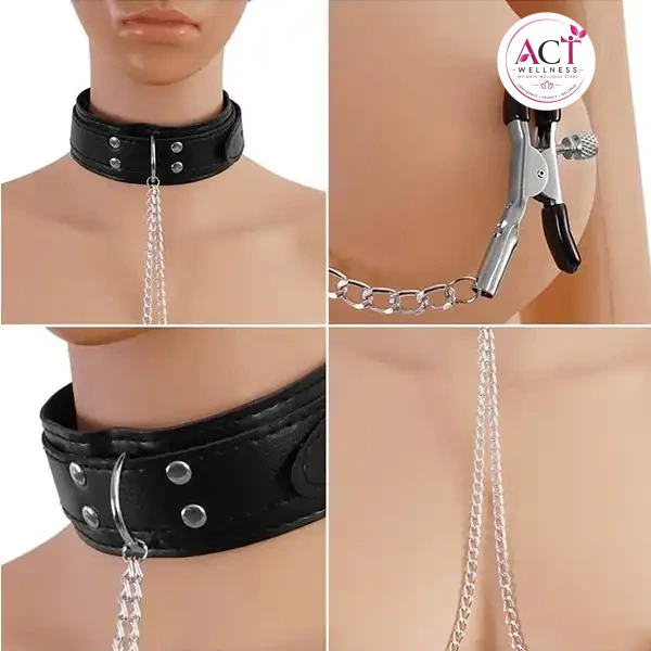 Slave Collar & Nipple Clamps Leather - Product Gallery View 3 | act wellness