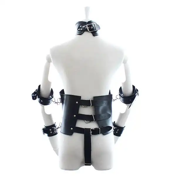 Women's Zipper Down Leather Waist Belt with Attached Collar and Arm Restraints Bondage - Product Gallery View 2 | act wellness