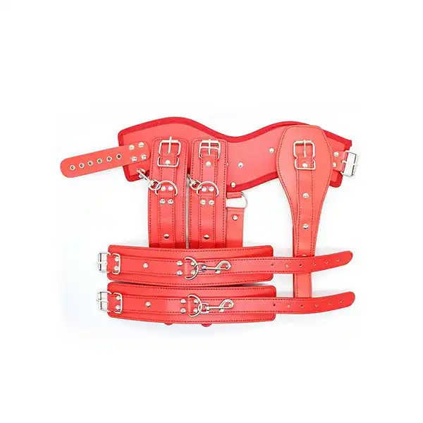 Women's Zipper Down Leather Waist Belt with Attached Collar and Arm Restraints Bondage - Product Gallery View 4 | act wellness